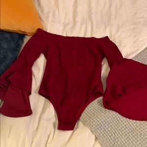 Maroon off the shoulder bell sleeve body suit